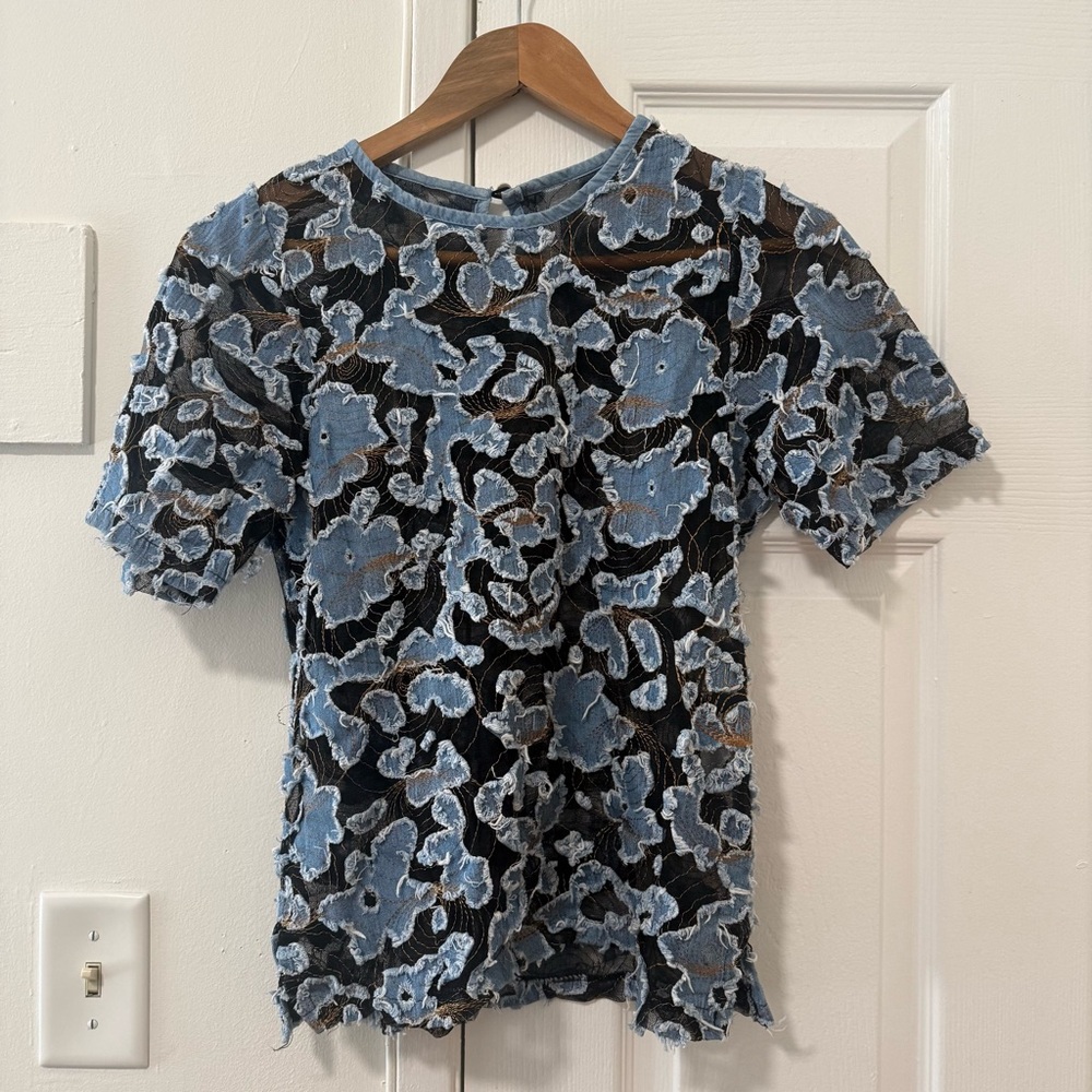 Denim Floral Lace Short Sleeve Top